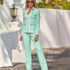 Autumn New Fashion Two Pice Set Color Blocking Zipper Elegant Office Pencil Suits Women Casual Bodycon Pants Set Vestido - SHOWLU FASHION STORE