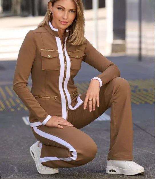 Autumn New Fashion Two Pice Set Color Blocking Zipper Elegant Office Pencil Suits Women Casual Bodycon Pants Set Vestido - SHOWLU FASHION STORE