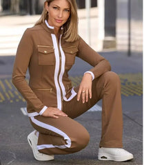 Autumn New Fashion Two Pice Set Color Blocking Zipper Elegant Office Pencil Suits Women Casual Bodycon Pants Set Vestido - SHOWLU FASHION STORE