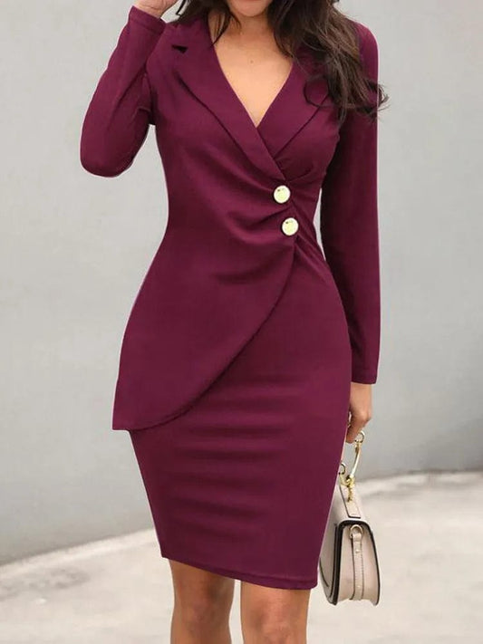 Autumn Winter Office Lady Dress Fashion Notchet Neck Long Sleave Slim Midi Pencil Dresses Women Elegant Bodycon Work Dress - SHOWLU FASHION STORE