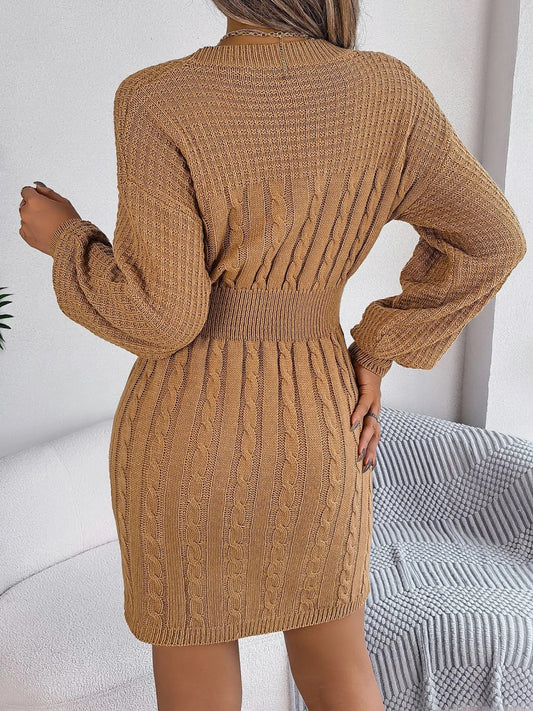 Autumn Winter Solid Color Woolen Dress O - Neck Lantern Sleeve Hollow Out Knitted Dresses for Women Fashion Casual Vestidos - SHOWLU FASHION STORE