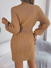 Autumn Winter Solid Color Woolen Dress O - Neck Lantern Sleeve Hollow Out Knitted Dresses for Women Fashion Casual Vestidos - SHOWLU FASHION STORE
