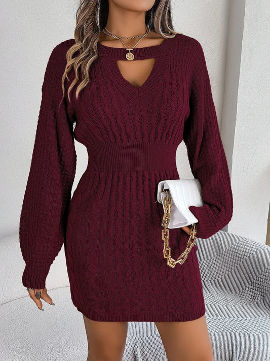 Autumn Winter Solid Color Woolen Dress O - Neck Lantern Sleeve Hollow Out Knitted Dresses for Women Fashion Casual Vestidos - SHOWLU FASHION STORE