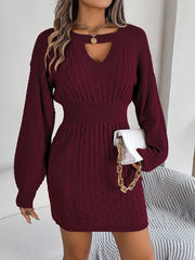 Autumn Winter Solid Color Woolen Dress O - Neck Lantern Sleeve Hollow Out Knitted Dresses for Women Fashion Casual Vestidos - SHOWLU FASHION STORE