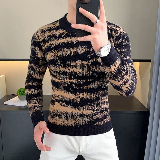 Autumn Winter Velvet Knitted Sweater Men Long Sleeve Casual Business Sweaters Comfortable Warm Versatile Social Pullover Tops - SHOWLU FASHION STORE