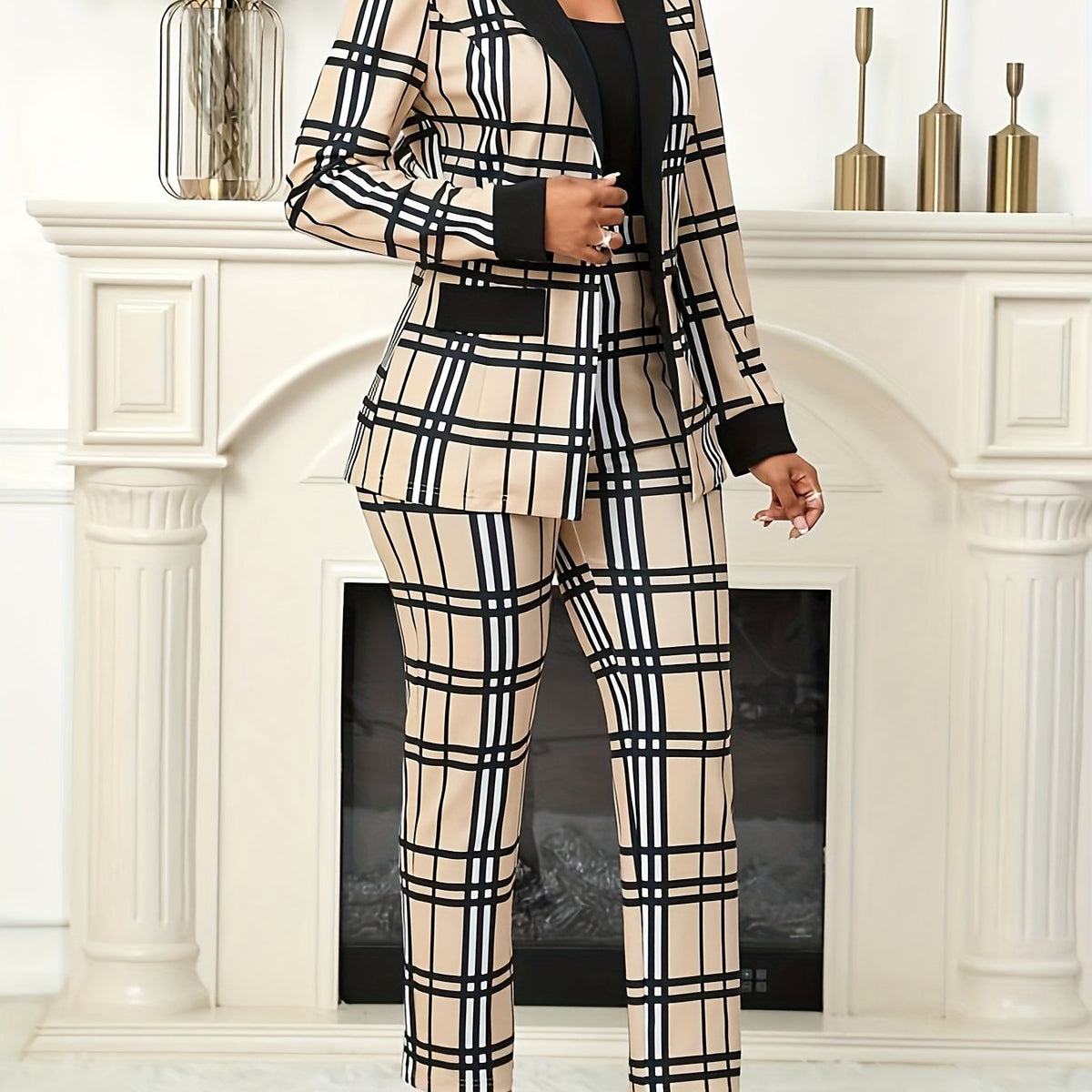 [Geometric Casual Suit] Geometric Pattern Print Casual Suit Jacket and Rubber Band Shrink Waist Trousers Set - European and American Spring and Autumn Style Long Sleeve Patchwork Net Cloth False Bag Lid Open Placket Single Bu SHOWLU FASHION STORE