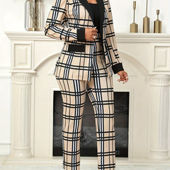 [Geometric Casual Suit] Geometric Pattern Print Casual Suit Jacket and Rubber Band Shrink Waist Trousers Set - European and American Spring and Autumn Style Long Sleeve Patchwork Net Cloth False Bag Lid Open Placket Single Bu SHOWLU FASHION STORE