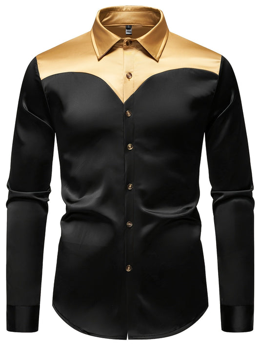 Men'S Silky Smooth Color Block Long Sleeve Button-Up Shirt - Black with Golden Accents, Casual Lapel Style, Polyester Blend, Perfect for All Seasons SHOWLU FASHION STORE