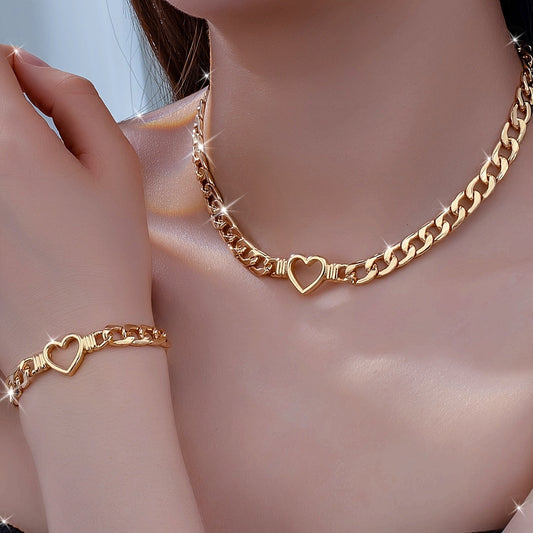 [Durable Build] Elegant Golden-Tone Heart Cutout Choker Necklace and Bracelet Set for Women - Zinc Alloy, Perfect for Daily Wear or Parties SHOWLU FASHION STORE