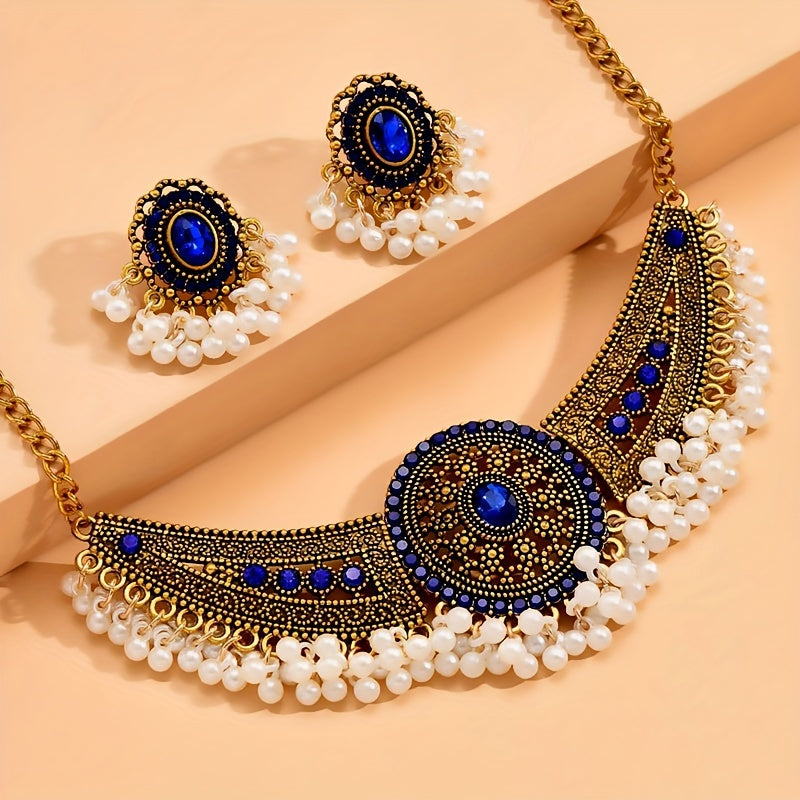 Bollywood Style 1 Pair Of Earrings + 1 Choker Vintage Jewelry Set Tribal Design 14k Gold Plated Inlaid Rhinestone Red Or Blue Make Your Call Match Daily Outfits SHOWLU FASHION STORE