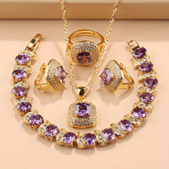 Elegant French-Style 5-Piece Jewelry Set - 18K Golden Plated Copper with Synthetic Stones, Square zirconia Mosaic - Includes Earrings, Rings, Pendant Necklace, Bracelet - Versatile for Daily Wear & Parties, Ideal Thanksgiving SHOWLU FASHION STORE