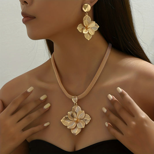 3pcs Elegant Golden Floral Jewelry Set - Luxurious Classic Style Necklace and Earrings with Textured Flower Design, Ideal for Weddings & Banquets, Vintage Jewelry SHOWLU FASHION STORE