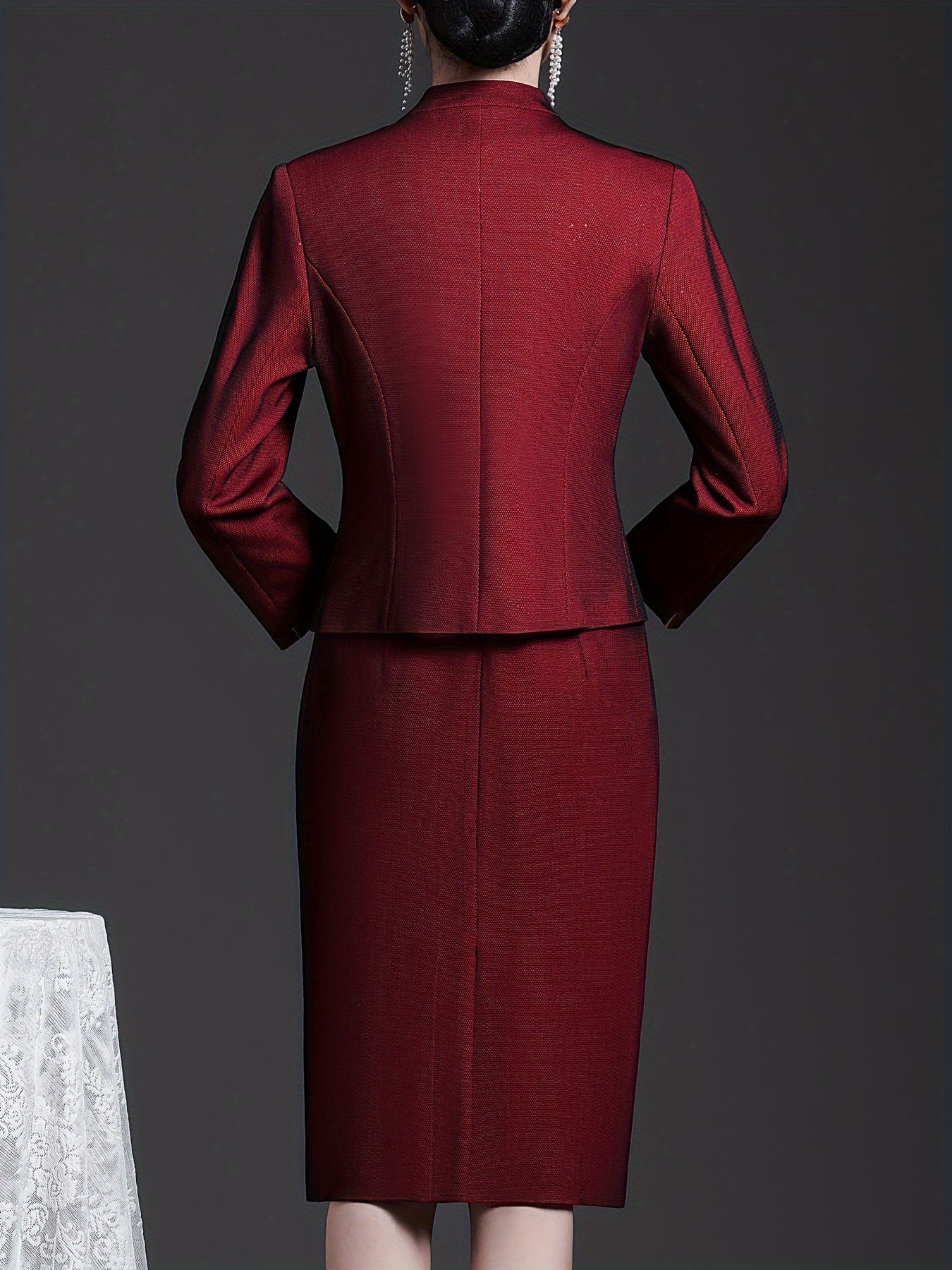 Wine Red Two-piece Dress Set Elegant Slim, Long Sleeve Coat Embroidered Top And Sleeveless Sundress Women SHOWLU FASHION STORE