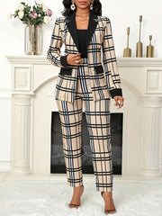 [Geometric Casual Suit] Geometric Pattern Print Casual Suit Jacket and Rubber Band Shrink Waist Trousers Set - European and American Spring and Autumn Style Long Sleeve Patchwork Net Cloth False Bag Lid Open Placket Single Bu SHOWLU FASHION STORE
