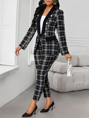 Elegant Geometric Print Plaid Blazer & Pants Set - Black & White Checkered, Long Sleeve, Button-Up, Casual Western Style, Elastic Waist, Pockets, Polyester Blend, Fall & Spring Attire for Women, Casual Attire|Modern Casualwea SHOWLU FASHION STORE