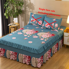 1pc Elegant Chinese Peony Bed Skirt - Traditional Style with Ruffled Edge, Golden Floral Design, Machine Washable Polyester, Perfect for Adding a Touch of Sophistication to Your Bedroom Decor, Bedroom Decor And Accessories SHOWLU FASHION STORE