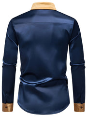 Men'S Casual Lapel Collar Color Block Long Sleeve Shirt Polyester Slight Stretch Button Shirt for Adult SHOWLU FASHION STORE
