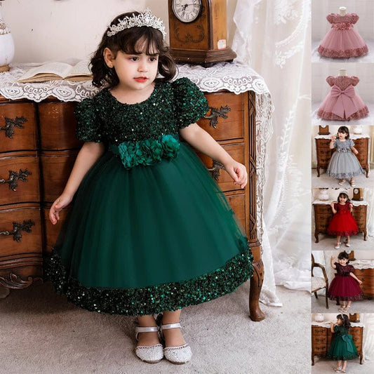 Baby Girl Baptism Newborn Green Sequin Big Bow Flower Toddler Party Summer Dress Kids Christening Children Princess Ball Gown - SHOWLU FASHION STORE