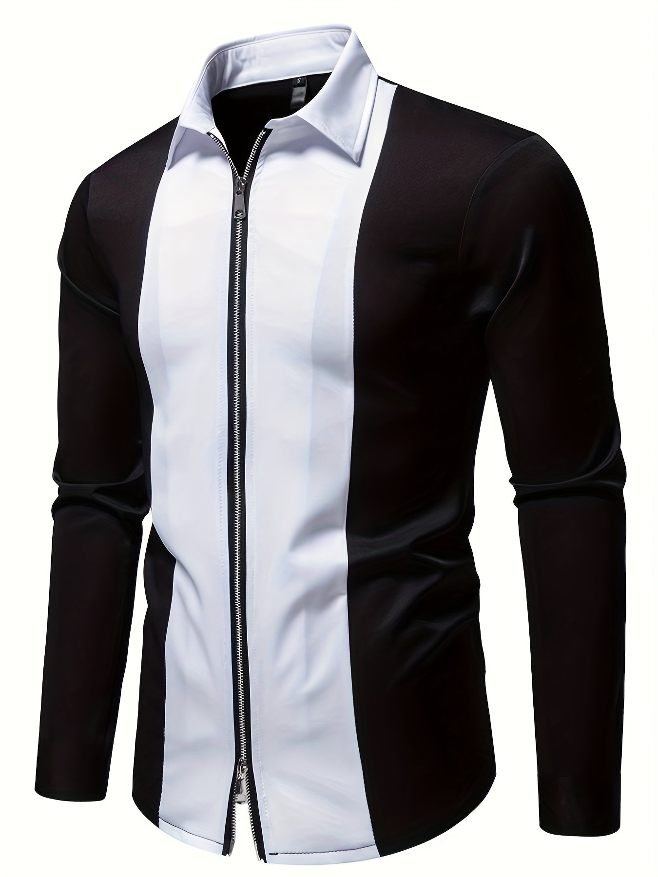 Men'S Casual Lapel Collar Long Sleeve Shirt Polyester Color Block Pattern with Button Details, Slight Stretch Fabric, 140g/m², Regular Fit, All-season, for Adult SHOWLU FASHION STORE