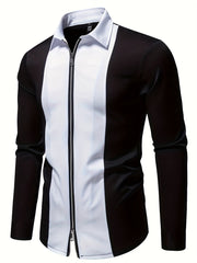 Men'S Casual Lapel Collar Long Sleeve Shirt Polyester Color Block Pattern with Button Details, Slight Stretch Fabric, 140g/m², Regular Fit, All-season, for Adult SHOWLU FASHION STORE