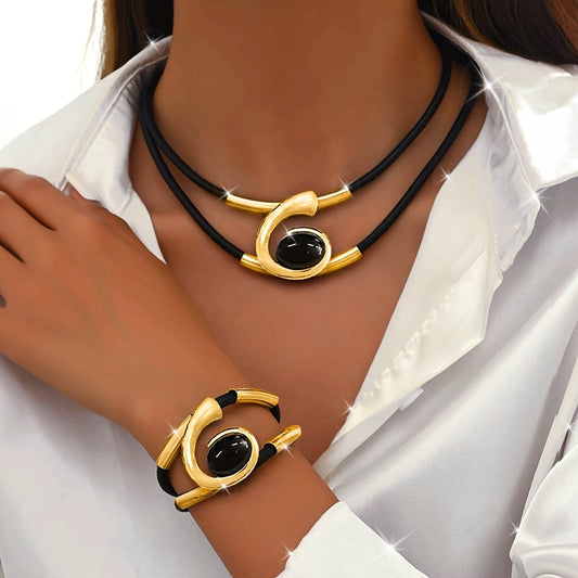 Two-piece Set of Women's Bohemian Style Design Spiral Inlaid Black Acrylic Gemstone Long Bead Pendant Necklace and Bracelet Set SHOWLU FASHION STORE