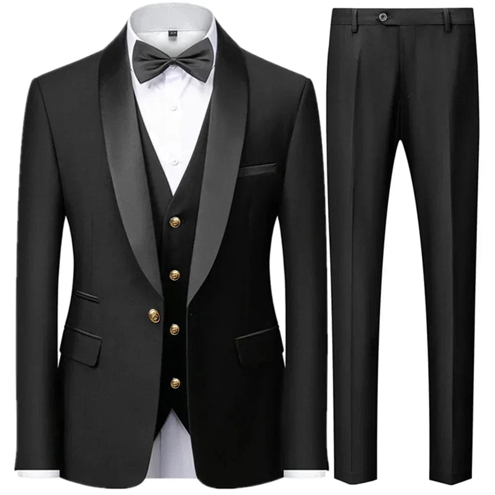 Black Men Autumn Wedding Party 3 Pcs Set Large Size 6XL Male Blazer Coat Pants and Vest Fashion Slim Fit Gold Button Dress Suit - SHOWLU FASHION STORE