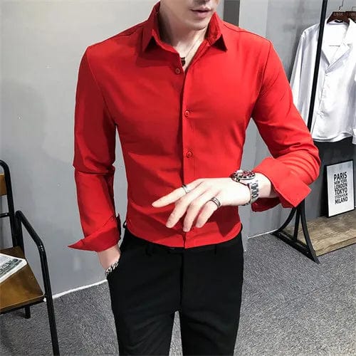 Bright Red Long Sleeve Shirt Men's Fashion Slim Shirts White Blue Gray Men Tops Black Purple Green Dress Camisa Male Chemise - SHOWLU FASHION STORE