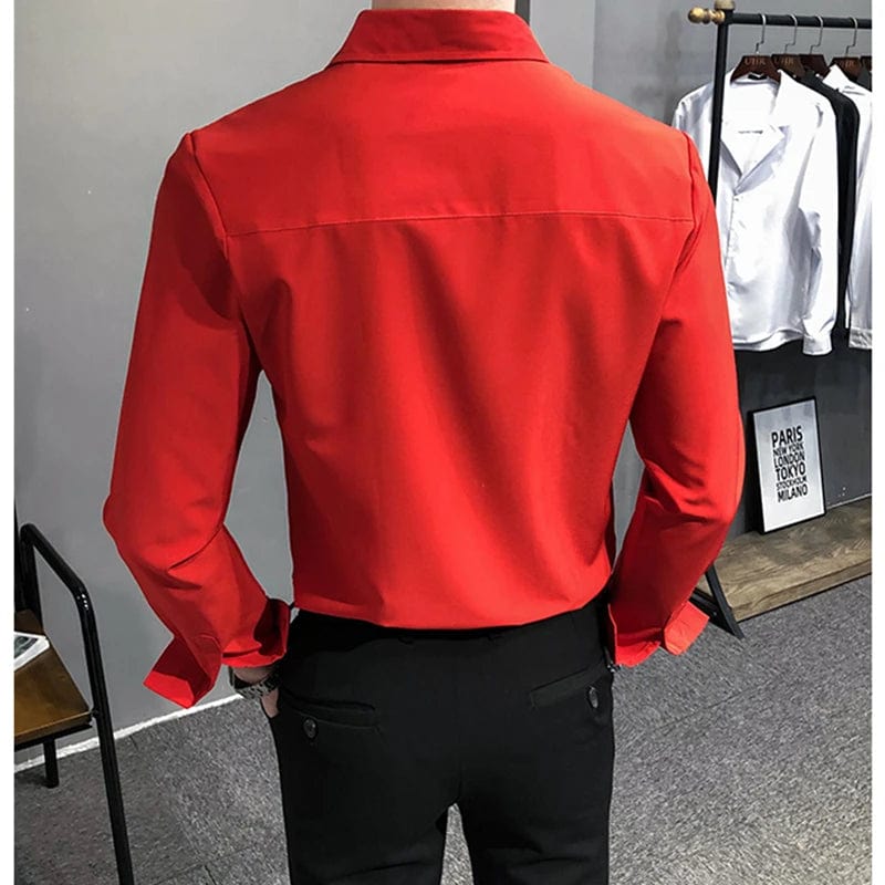Bright Red Long Sleeve Shirt Men's Fashion Slim Shirts White Blue Gray Men Tops Black Purple Green Dress Camisa Male Chemise - SHOWLU FASHION STORE