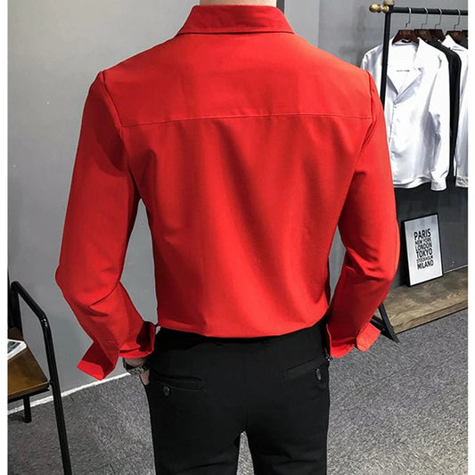 Bright Red Long Sleeve Shirt Men's Fashion Slim Shirts White Blue Gray Men Tops Black Purple Green Dress Camisa Male Chemise - SHOWLU FASHION STORE