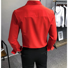 Bright Red Long Sleeve Shirt Men's Fashion Slim Shirts White Blue Gray Men Tops Black Purple Green Dress Camisa Male Chemise - SHOWLU FASHION STORE