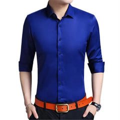 Bright Red Long Sleeve Shirt Men's Fashion Slim Shirts White Blue Gray Men Tops Black Purple Green Dress Camisa Male Chemise - SHOWLU FASHION STORE