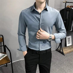 Bright Red Long Sleeve Shirt Men's Fashion Slim Shirts White Blue Gray Men Tops Black Purple Green Dress Camisa Male Chemise - SHOWLU FASHION STORE