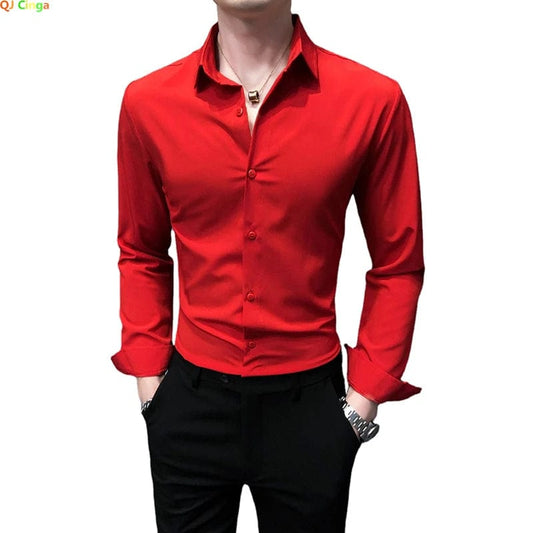 Bright Red Long Sleeve Shirt Men's Fashion Slim Shirts White Blue Gray Men Tops Black Purple Green Dress Camisa Male Chemise - SHOWLU FASHION STORE
