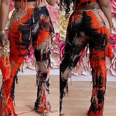 BUILDINGB Autumn Tie - Dye Color Tassel High Waist Pants Thin Casual Flared Pants Female Slim Version Of The Peculiar Fashion Stre - SHOWLU FASHION STORE