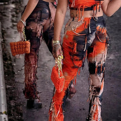 BUILDINGB Autumn Tie - Dye Color Tassel High Waist Pants Thin Casual Flared Pants Female Slim Version Of The Peculiar Fashion Stre - SHOWLU FASHION STORE