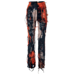 BUILDINGB Autumn Tie - Dye Color Tassel High Waist Pants Thin Casual Flared Pants Female Slim Version Of The Peculiar Fashion Stre - SHOWLU FASHION STORE