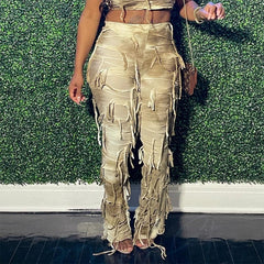 BUILDINGB Autumn Tie - Dye Color Tassel High Waist Pants Thin Casual Flared Pants Female Slim Version Of The Peculiar Fashion Stre - SHOWLU FASHION STORE