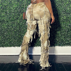 BUILDINGB Autumn Tie - Dye Color Tassel High Waist Pants Thin Casual Flared Pants Female Slim Version Of The Peculiar Fashion Stre - SHOWLU FASHION STORE
