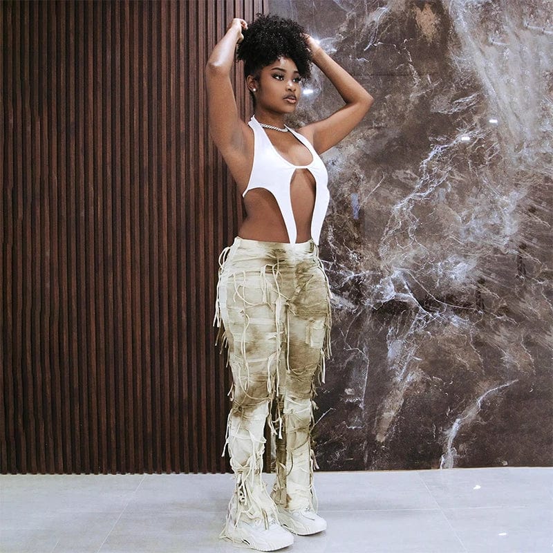 BUILDINGB Autumn Tie - Dye Color Tassel High Waist Pants Thin Casual Flared Pants Female Slim Version Of The Peculiar Fashion Stre - SHOWLU FASHION STORE
