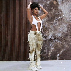 BUILDINGB Autumn Tie - Dye Color Tassel High Waist Pants Thin Casual Flared Pants Female Slim Version Of The Peculiar Fashion Stre - SHOWLU FASHION STORE