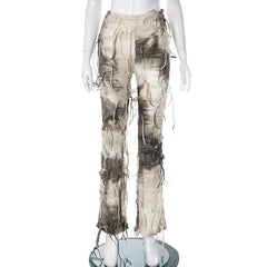 BUILDINGB Autumn Tie - Dye Color Tassel High Waist Pants Thin Casual Flared Pants Female Slim Version Of The Peculiar Fashion Stre - SHOWLU FASHION STORE