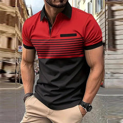 Business Men's Polo T Shirt Summer Short Sleeve Clothing Fashion Stripe Print Street Casual Buttons Tops Oversized Pullover - SHOWLU FASHION STORE