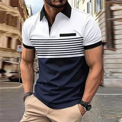 Business Men's Polo T Shirt Summer Short Sleeve Clothing Fashion Stripe Print Street Casual Buttons Tops Oversized Pullover - SHOWLU FASHION STORE