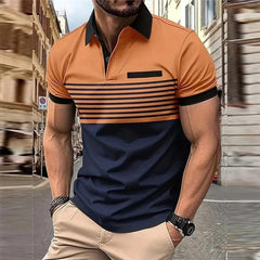 Business Men's Polo T Shirt Summer Short Sleeve Clothing Fashion Stripe Print Street Casual Buttons Tops Oversized Pullover - SHOWLU FASHION STORE
