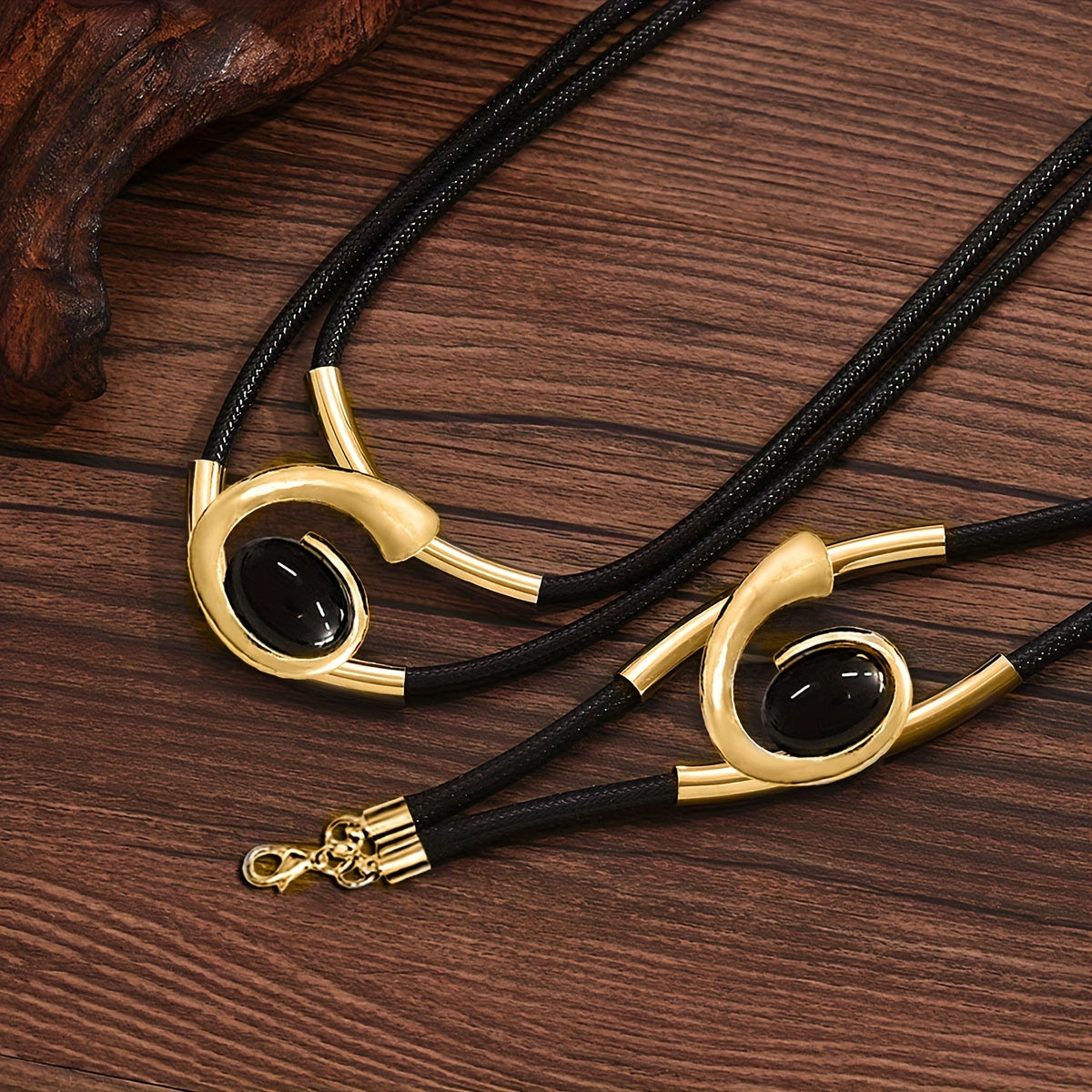 Two-piece Set of Women's Bohemian Style Design Spiral Inlaid Black Acrylic Gemstone Long Bead Pendant Necklace and Bracelet Set SHOWLU FASHION STORE