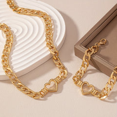 [Durable Build] Elegant Golden-Tone Heart Cutout Choker Necklace and Bracelet Set for Women - Zinc Alloy, Perfect for Daily Wear or Parties SHOWLU FASHION STORE