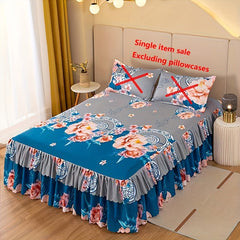 1pc Elegant Chinese Peony Bed Skirt - Traditional Style with Ruffled Edge, Golden Floral Design, Machine Washable Polyester, Perfect for Adding a Touch of Sophistication to Your Bedroom Decor, Bedroom Decor And Accessories SHOWLU FASHION STORE