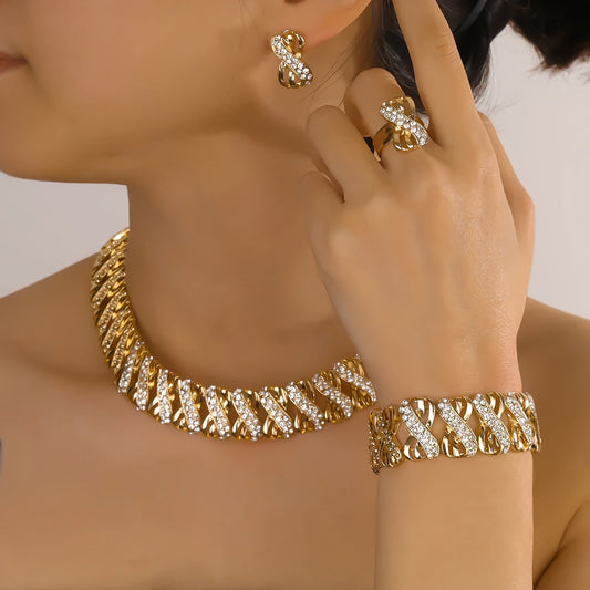 Elegant Jewelry Set for Women, Rhinestone Necklace, Earrings, Bracelet, and Ring Combo, Zinc Alloy Party Accessories, Versatile for Daily Wear, Weddings, and Celebrations SHOWLU FASHION STORE