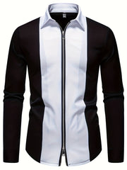 Men'S Casual Lapel Collar Long Sleeve Shirt Polyester Color Block Pattern with Button Details, Slight Stretch Fabric, 140g/m², Regular Fit, All-season, for Adult SHOWLU FASHION STORE