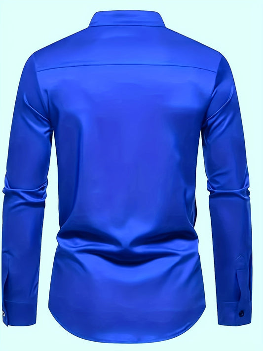 Men's Casual Color Block Mandarin Collar Shirt, 100% Polyester Non-Stretch Woven Fabric, Regular Fit for Spring/Fall - Black & Blue, Autumn Apparel | Qipao Style | Nonstretch Material SHOWLU FASHION STORE